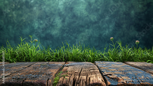 Green Meadow Grass with Morning Dew on Wooden Surface © VanDesigns
