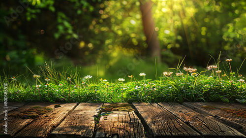 Sunlit Grass and Wildflowers on Old Wooden Planks © VanDesigns