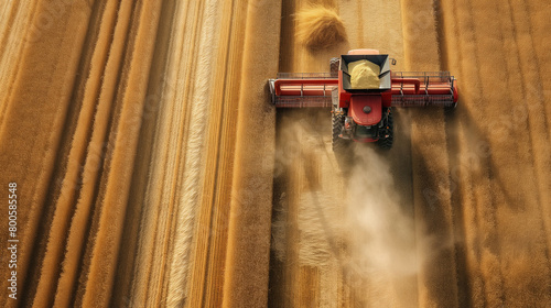 An expansive top-down shot showcasing the precision of a combine harvester as it navigates through the field, with the grain platform extending outwards to gather the ripe wheat, w