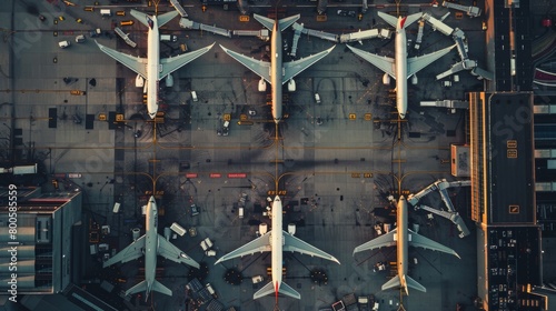 An aerial view of a bustling airport terminal with planes parked at gates  illustrating the hub of activity in air transportation.