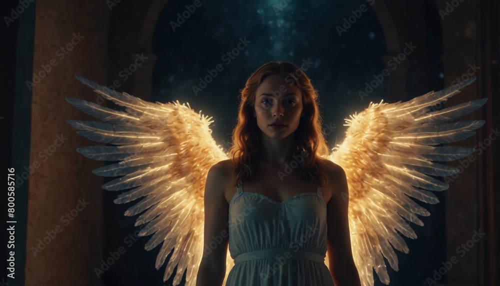 A fantasy angel woman with huge white wings in a magical heavenly light