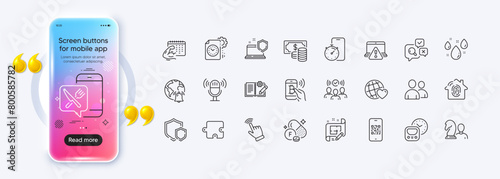 Engineering documentation, Rainy weather and Cursor line icons for web app. Phone mockup gradient screen. Pack of Qr code, Metro, Friends world pictogram icons. Vector