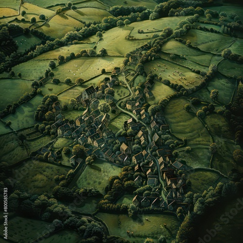 background of an idyllic small village in the middle of a lush, vivid green field, bird's eye view