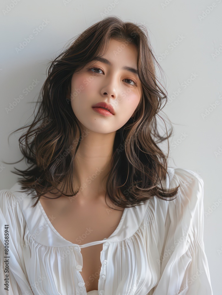Beautiful portrait of a woman in a flowing white blouse, with a dreamy and soft expression on her face Beautiful portrait of a woman in a flowing white blouse, with a dreamy and soft expression on her face