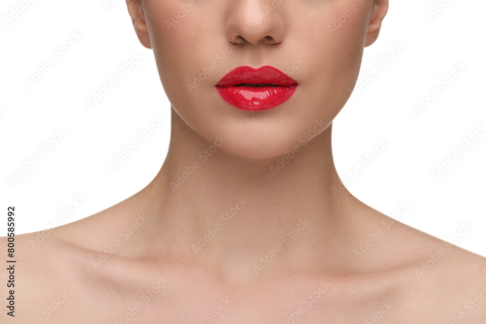 Woman with bright lip gloss on white background, closeup Woman with bright lip gloss on white background, closeup