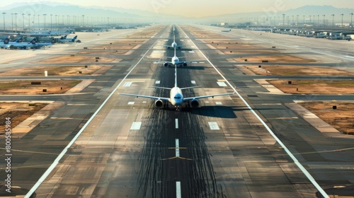 An aerial view of a busy airport runway with planes taxiing for takeoff, capturing the dynamic energy of air travel.