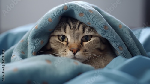 sick cat under blanket.