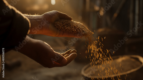A serene scene depicting the man's hand gently cradling a handful of grain against the backdrop of the rustic interior of the hangar, with soft diffused light illuminating the scen