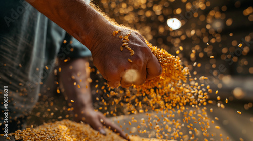 A dynamic image showcasing the man's hand in motion as he scoops up a handful of grain from a storage bin in the hangar, with kernels of wheat or corn cascading in mid-air, frozen