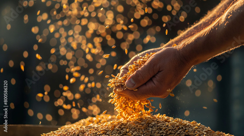 A dynamic image showcasing the man's hand in motion as he scoops up a handful of grain from a storage bin in the hangar, with kernels of wheat or corn cascading in mid-air, frozen