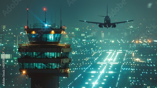 An airport control tower against a backdrop of city lights at night, overseeing the safe takeoff and landing of aircraft with precision and expertise.