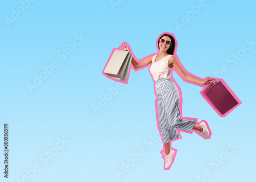 Pop art poster. Beautiful young woman with paper shopping bags jumping on light blue gradient background, pin up style