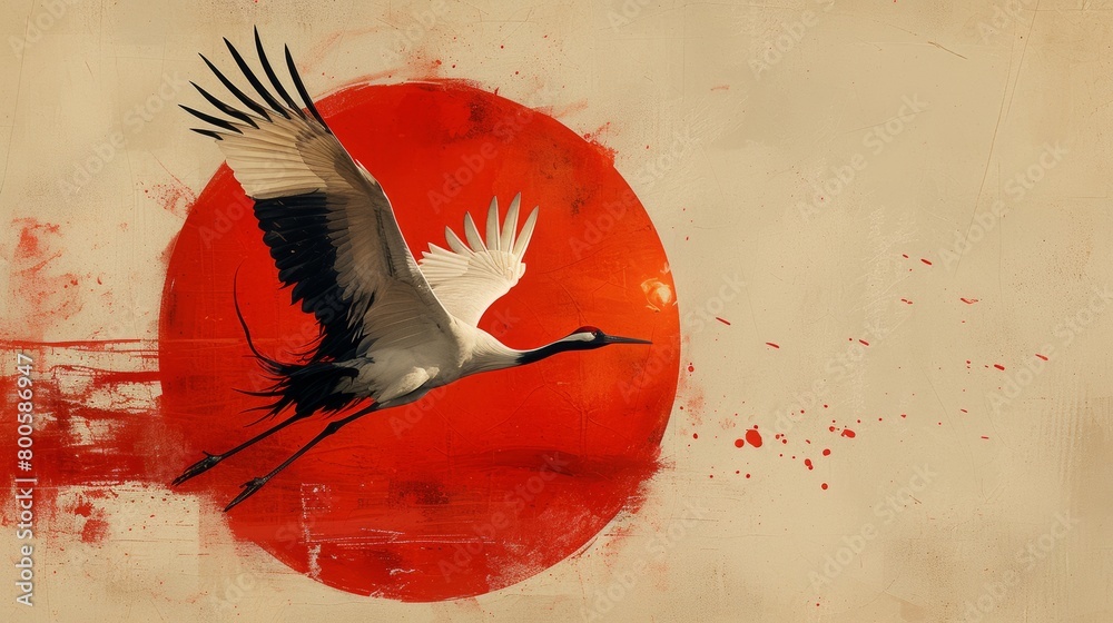 Naklejka premium Crane flying in front of a red sun with artistic splatters