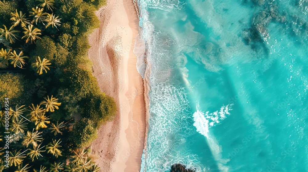 A stunning top-down view capturing the contrast between the lush green tropical forest, the golden sandy beach, and the vibrant blue sea