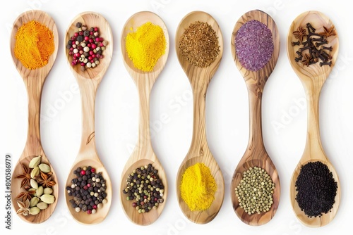 indian spices in wooden spoons colorful seasoning variety on white