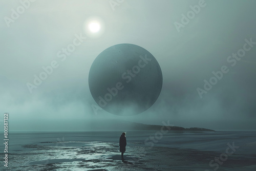 A solitary cybernetic echo resonating in the minimalist tranquility of a surreal expanse  photo