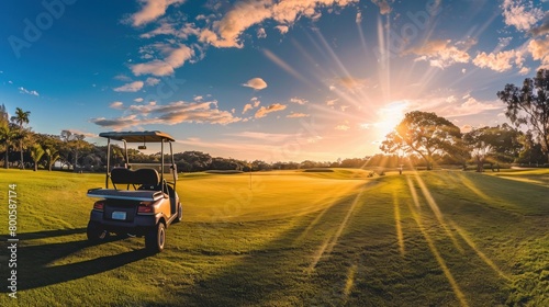 Panorama of golf cart on beautiful golf course at sunset photo