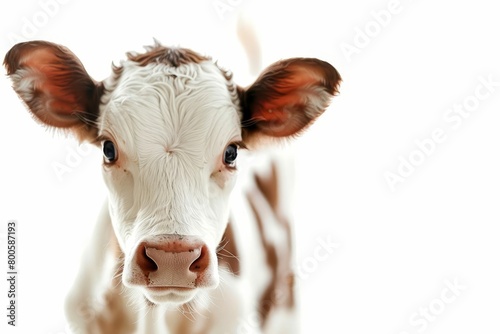 innocent baby cow peeking curious calf closeup on isolated white animal portrait
