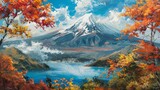 An artistic composition of Mount Fuji framed by vibrant autumn foliage, showcasing the mountain's timeless beauty in every season.