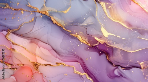 This image features a beautiful abstract blend of purple and pink hues with striking gold accents in a flowing composition