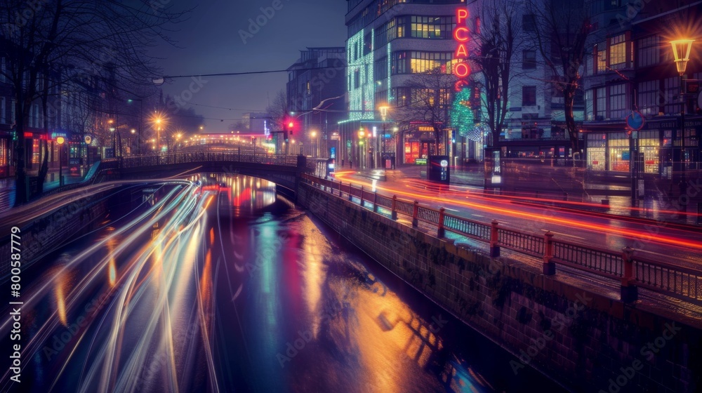 An artistic long exposure capture of light trails from passing vehicles on a bridge over a glistening river, depicting the vibrant energy of urban nightlife.