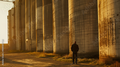 A cinematic shot of a man standing next to a hangar filled with grain silos, with the golden sunlight casting long shadows across the scene, evoking a sense of nostalgia and revere photo