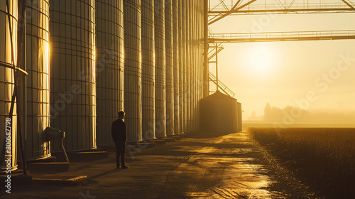 A cinematic shot of a man standing next to a hangar filled with grain silos, with the golden sunlight casting long shadows across the scene, evoking a sense of nostalgia and revere photo