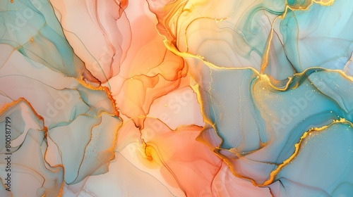 This vibrant, colorful fluid artwork is accentuated with striking gold vein highlights and dynamic flow