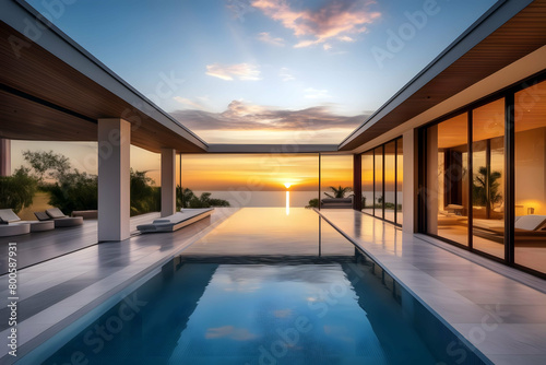  Luxury home with modern pool at sunrise, contemporary villa architecture, resort style hotel with beautiful interior and exterior design, backyard view, summer vacation and real estate © Marco