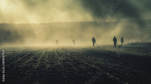 An atmospheric image portraying the quiet beauty of a foggy morning on the farm, with farmers emerging from the mist to sow seeds in the dew-covered fields, their silhouettes blurr photo