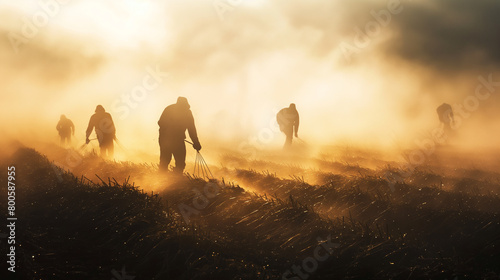 An atmospheric image portraying the quiet beauty of a foggy morning on the farm, with farmers emerging from the mist to sow seeds in the dew-covered fields, their silhouettes blurr