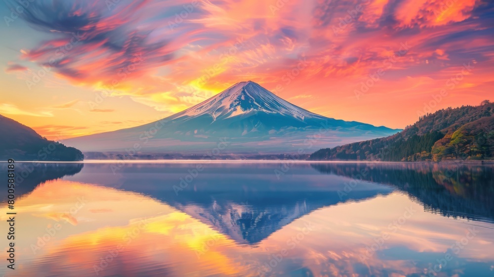 An awe-inspiring view of Mount Fuji standing majestically against a colorful sunrise sky, a symbol of Japan's natural beauty and cultural significance An awe-inspiring view of Mount Fuji standing majestically against a colorful sunrise sky, a symbol of Japan's natural beauty and cultural significance