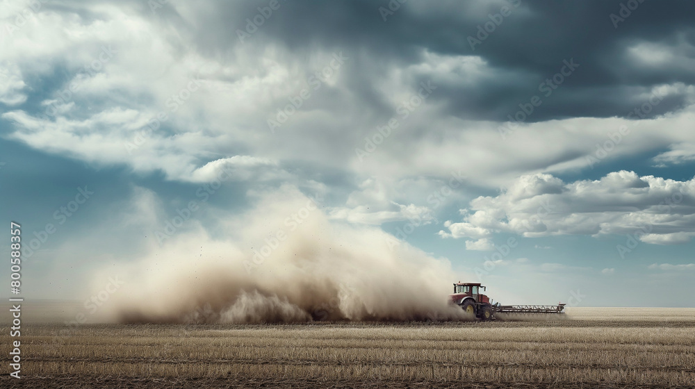 A dramatic photograph capturing the dynamic motion of a farmer operating a seed drill, with clouds of dust billowing behind the machinery as it moves across the field, symbolizing