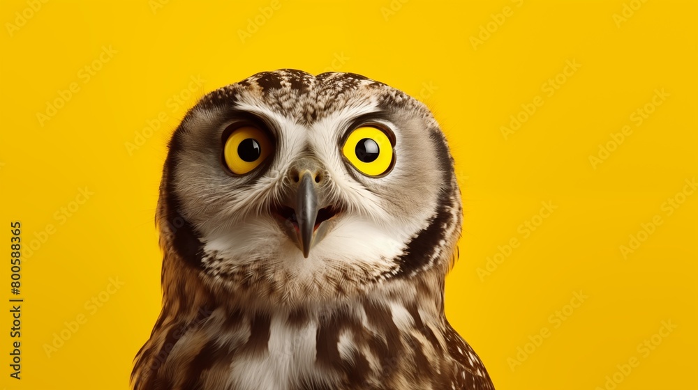 Studio portrait of surprised owl, isolated on yellow background. Studio portrait of surprised owl, isolated on yellow background.