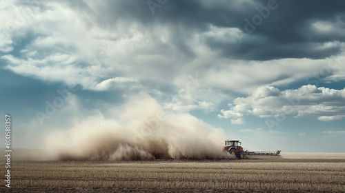 A dramatic photograph capturing the dynamic motion of a farmer operating a seed drill, with clouds of dust billowing behind the machinery as it moves across the field, symbolizing © Nati