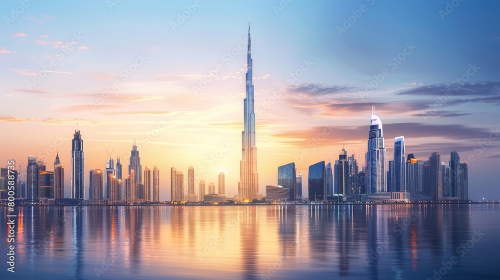 Obraz premium An iconic landmark skyscraper towering above the city skyline, serving as a beacon of progress and a symbol of architectural excellence.