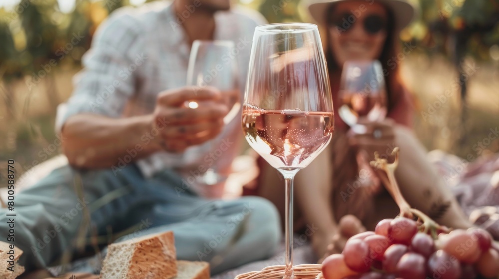 selective focus of couple holding glasses of wine while sitting together at picnic