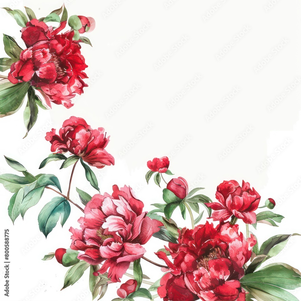 Obraz premium red peony flowers border with free space on a white background 