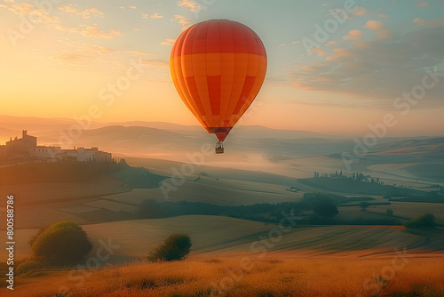 A majestic hot air balloon gently ascending over a serene countryside