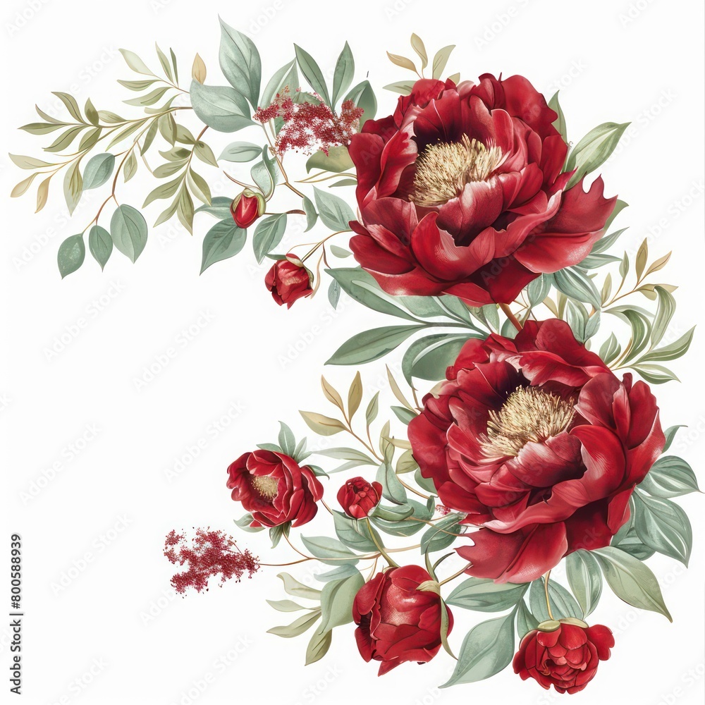 red peony flowers border with free space on a white background
