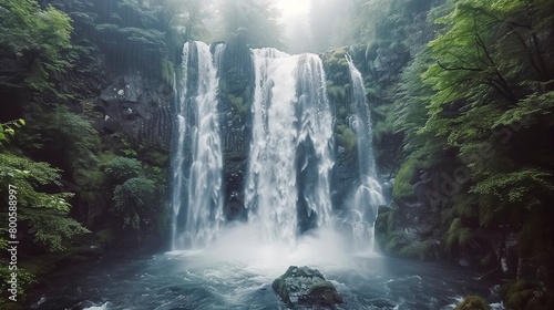 Misty waterfall cascading through a lush forest  the sunlight filtering through the canopy