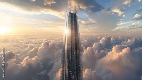 A tall building with a lot of windows is seen in the sky. The sky is cloudy and the sun is setting