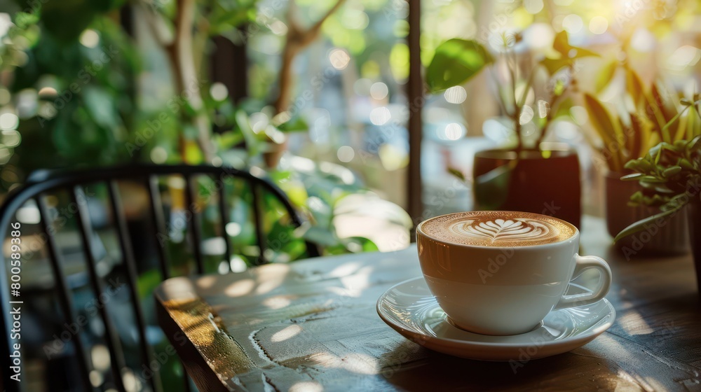A warm, inviting cup of coffee sits on a wood table amid potted plants, with sunlight streaming in A warm, inviting cup of coffee sits on a wood table amid potted plants, with sunlight streaming in