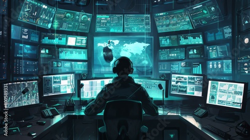 Cybersecurity expert in high-tech control room photo