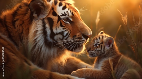 Tender moment between a tiger and her cub.