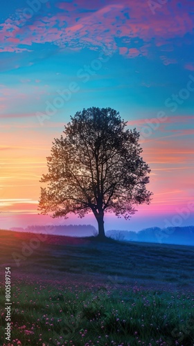 The vibrancy of a sunrise spreads across the sky behind a solitary tree, symbolizing new beginnings and hope © Matthew