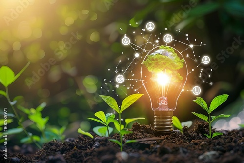 light bulb with thriving seedling and glowing icons ecology concept illustration