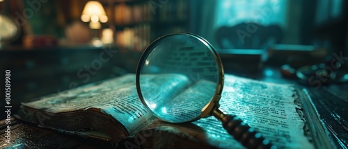 A magnifying glass sits on top of an open book. photo