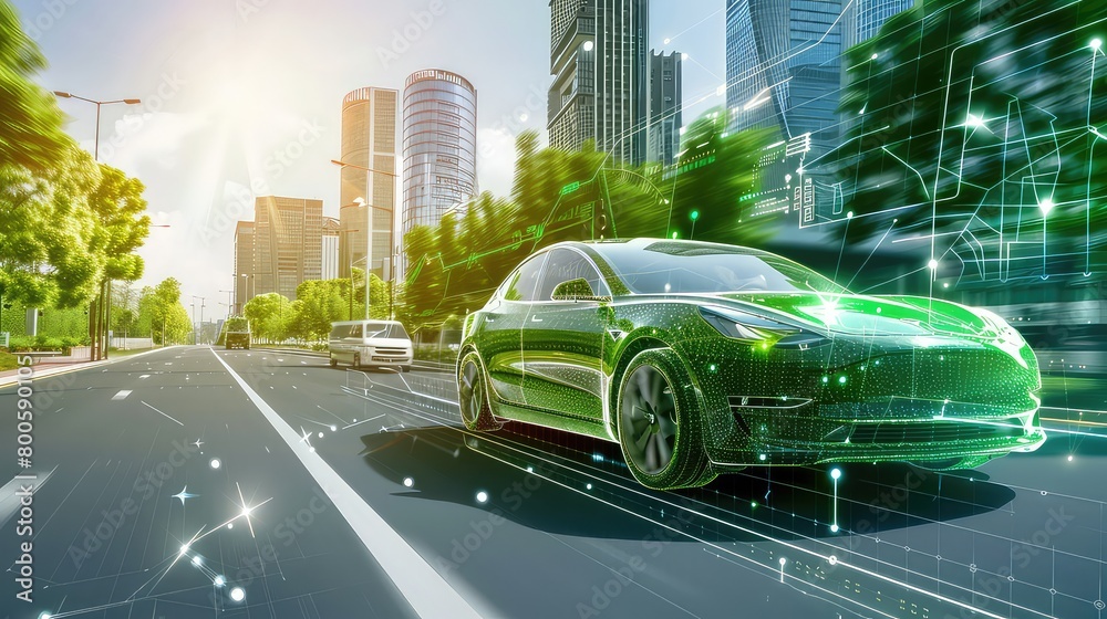 Silhouette of electric green car , Abstract photo of Electric vehicle with double exposure on cityscape background ,concept of Eco-friendly sustainable energy. Silhouette of electric green car , Abstract photo of Electric vehicle with double exposure on cityscape background ,concept of Eco-friendly sustainable energy.