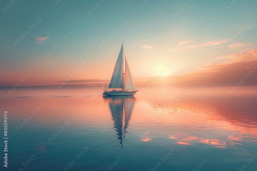 Fototapeta premium A sailboat on a calm sea at sunset.